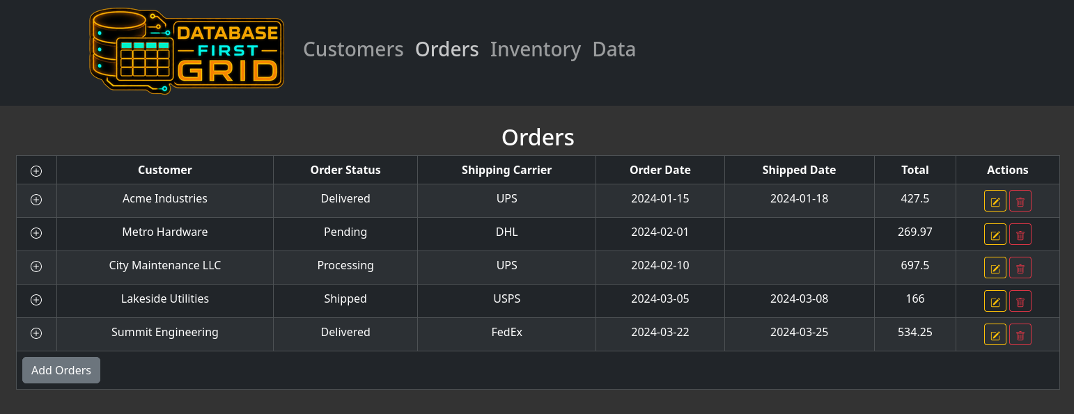 DBFirstDataGrid orders screenshot